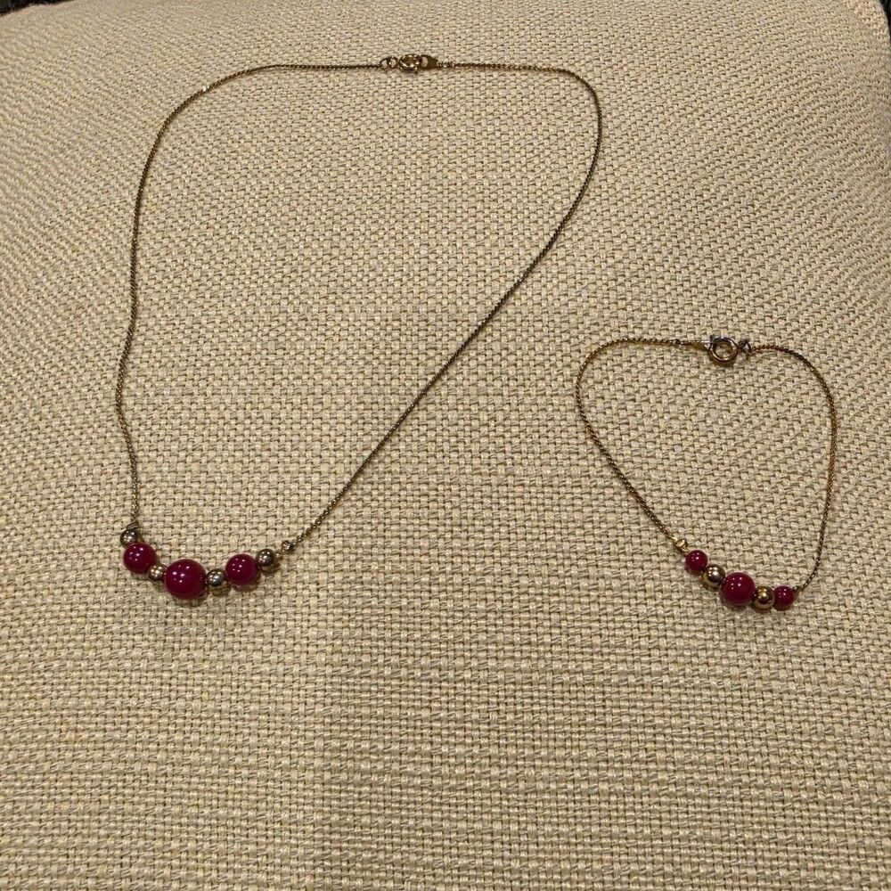 Gold Tone Cable Chain Necklace & bracelet set Red Round Bead Station Spring Ring